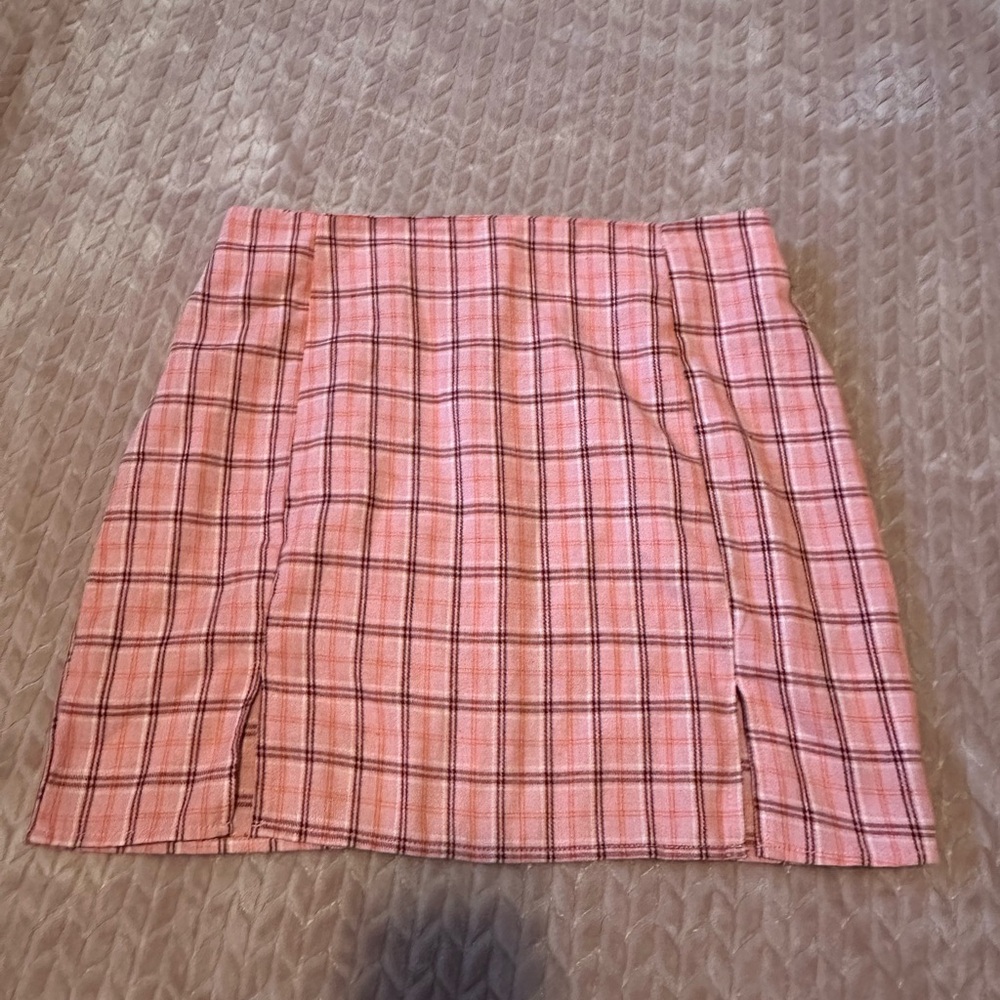 Pink, white, and maroon plaid skirt